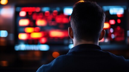 Immersed in Digital Data, Man Absorbed by Bright Information Display