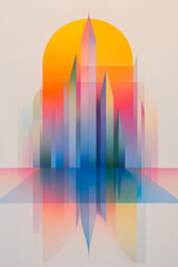 Poster - Layered landscape with towering, fluid shapes reflecting vibrant pastels, all under a dominating