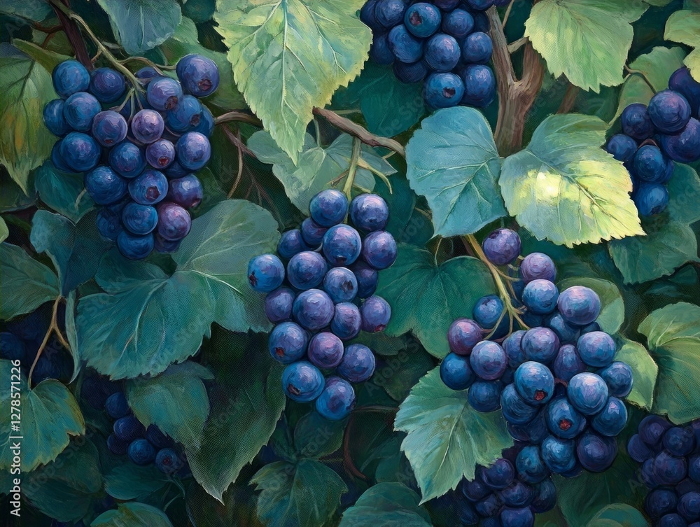 clusters of grapes hanging from the vine, their rich, deep purple color ...