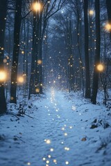 Wall Mural - snowy forest path with lights