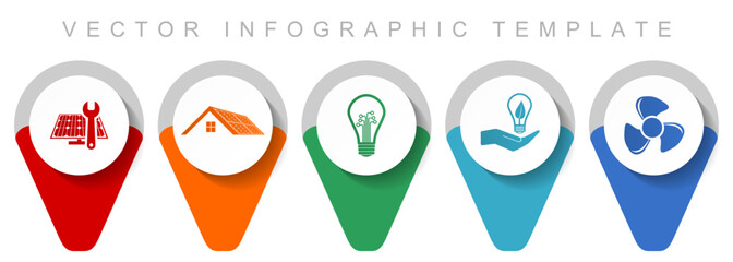Poster - Renewable energy pointer collection, miscellaneous icons such as solar panel, house, light bulb and heater, flat design vector infographic template in eps 10