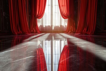 Sticker - Room with Red Curtains and Large Window