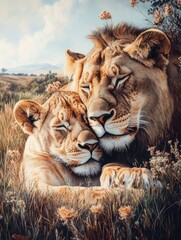 Wall Mural - Lions resting on green grass