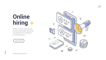 Modern online hiring web banner featuring isometric design elements. It highlights an application process using icons representing candidates and communication tools