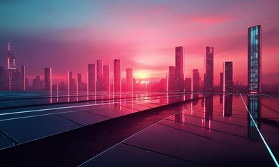 Wall Mural - futuristic city sunset, neon reflection, platform, advertisement