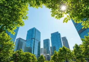 A towering skyscraper reaching into the sky, captured from a low-angle perspective, symbolizing ambition, growth, and modern business success