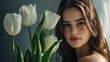 © tao - Serene White Tulips in Full Bloom, Delicate Petals and Green Leaves, Soft Gray Background, Shallow Depth of Field, Floral Unity