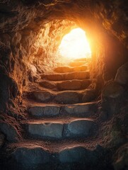 Canvas Print - Cave Entrance with Stairway and Light