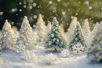 Wall Mural - winter landscape with trees and snow flakes