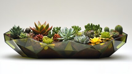 Succulent arrangement in a geometric planter showcasing diverse plant varieties in a creative indoor display