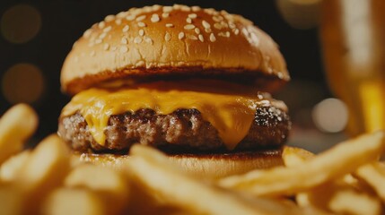 Wall Mural - Cheeseburger and French Fries on Table