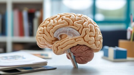 Poster - A close-up of a human brain model, with intricate details visible and placed next to educational materials, emphasizing its role in cognitive functions.