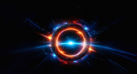 Aufkleber - Abstract glowing circular form with orange and blue hues on black backdrop. Energy bursts radiate outward from the bright center.