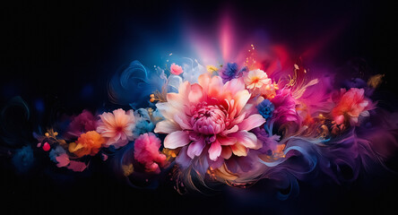 Leinwandbilder - Vibrant floral arrangement with artistic smoke effects on a dark backdrop. Colorful flowers with a painterly, dreamy feel.
