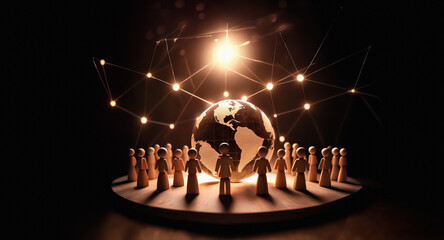 Leinwandbilder - A group of figurines encircles a globe, illuminated from above. Lines connect points in the air, suggesting global network and communication under a bright light in the dark.