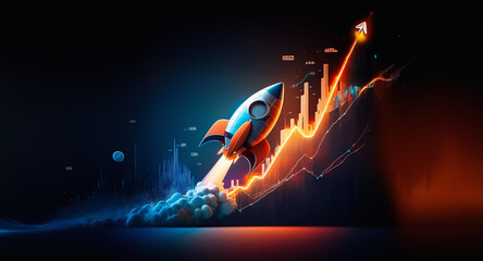 Aufkleber - Rocket soaring upwards with bright trail and rising graph lines against a dark backdrop, representing growth and financial success.