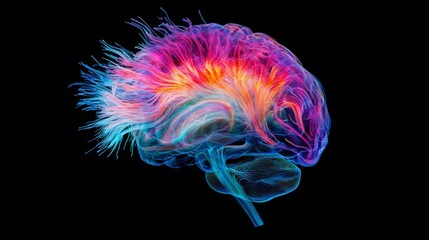 Aufkleber - A dynamic shot of a brain illustration with neon-like highlights, representing different functional areas such as memory, emotion, and cognition.