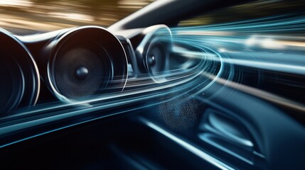 Aufkleber - A dynamic shot of a car in motion with bass vibrations visible, showcasing the powerful sound system and car speakers as they deliver a high-fidelity audio experience.