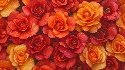 Poster - A high-angle shot of red and orange roses in a garden after the rain, the water droplets on the petals reflecting the natural light.