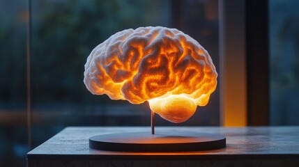 Poster - A high-quality shot of a D printed brain model with realistic texture and detail, positioned on a stand and illuminated for a clear view of its structure.
