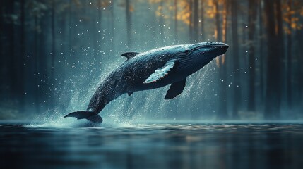 Whale leaping, forest lake, surreal scene, fantasy art