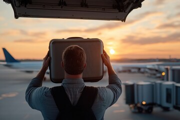 A man stands at the airport, holding a suitcase with a beautiful sunset in the background, symbolizing adventure, travel, and the excitement of new journeys.