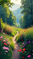Fototapete - A path through a field of flowers with a mountain in the background. The flowers are red, yellow, and white