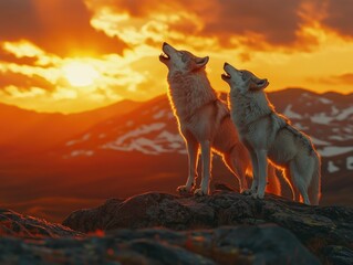 Wall Mural - Two White Wolves Standing on Rock at Sunset