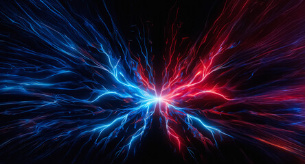 Aufkleber - Dynamic energy streams clash and merge, creating a vibrant display of red and blue light emanating from a central point, resembling abstract forces colliding.