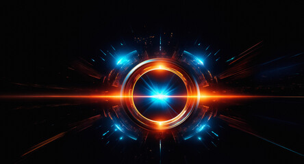 Fototapete - Abstract glowing circle with vibrant orange and blue light bursts on a dark backdrop, creating a futuristic and energetic effect.