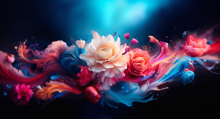 Fototapete - A vibrant array of flowers bursts with color against a dark backdrop. Swirls of pink, red, orange, and blue paint-like smoke accentuate the floral arrangement, creating a dynamic and artistic scene.