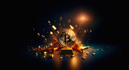 Aufkleber - A golden bitcoin explodes from a pile of gold bars and fragments against a dark backdrop, illuminated by a bright light source, symbolizing digital currency.
