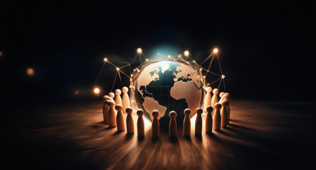 Aufkleber - Wooden figures encircle a glowing globe, linked by bright lines in a dark setting, representing worldwide connections and collaboration.