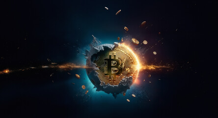 Aufkleber - Bitcoin symbol bursts from a globe in space, surrounded by flying coins and energetic light trails, symbolizing digital currency expansion.