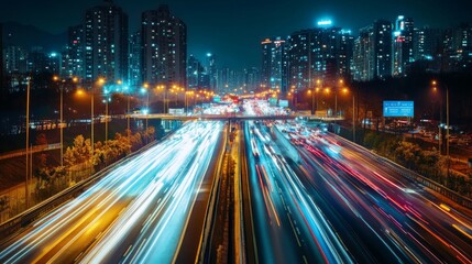 Poster - A wide-angle view of a bustling expressway at night, with illuminated streetlights and traffic flowing smoothly, showcasing the citys vibrant nightlife.