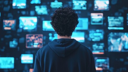 Person reviewing data on multiple screens cybersecurity analyst data analysis digital information