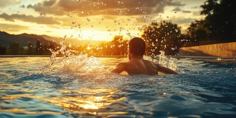 Wall Mural - Swimmer in Pool at Sunset