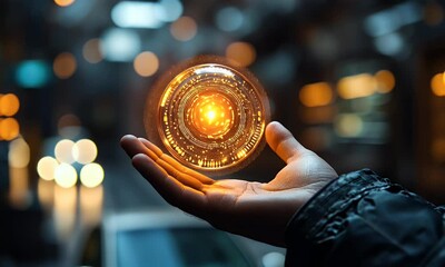 Wall Mural - glowing orb levitates above hand, city night