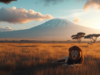 Wall Mural - Lion in field with mountains