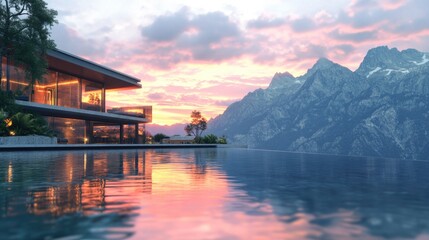 Sticker - Mountainous landscape with swimming pool