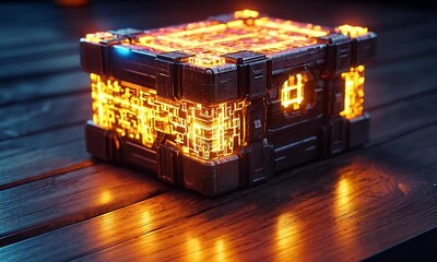 Wall Mural - glowing sci-fi crate on wood, dark background, game asset