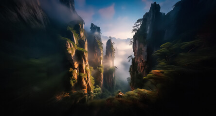 Poster - Towering stone pillars pierce the misty landscape, bathed in warm sunlight. Green vegetation clings to the steep slopes of this dramatic and breathtaking mountain vista.