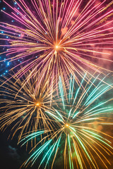 colorful firework exploding against dark black night sky. holiday celebration and happy new year con