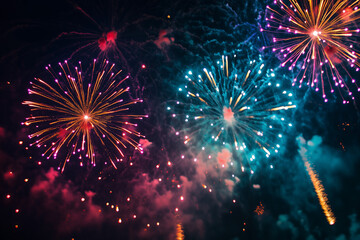 Colorful firework exploding against dark black night sky. Holiday celebration and Happy New Year concept.
