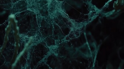 Intricate spiderweb glistening with dew at night.