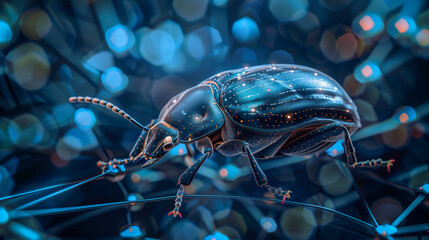 Glowing cybersecurity bug in neon lights – futuristic concept for hacking, malware, and digital security visuals