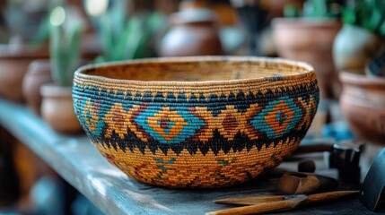 Woven basket, artisan workshop, pottery background, sale