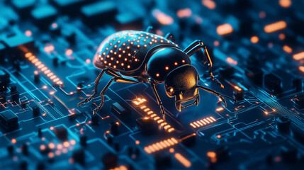 Glowing cybersecurity bug in neon lights – futuristic concept for hacking, malware, and digital security visuals