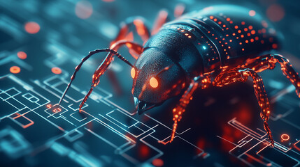 Glowing cybersecurity bug in neon lights – futuristic concept for hacking, malware, and digital security visuals