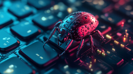 Glowing cybersecurity bug in neon lights – futuristic concept for hacking, malware, and digital security visuals